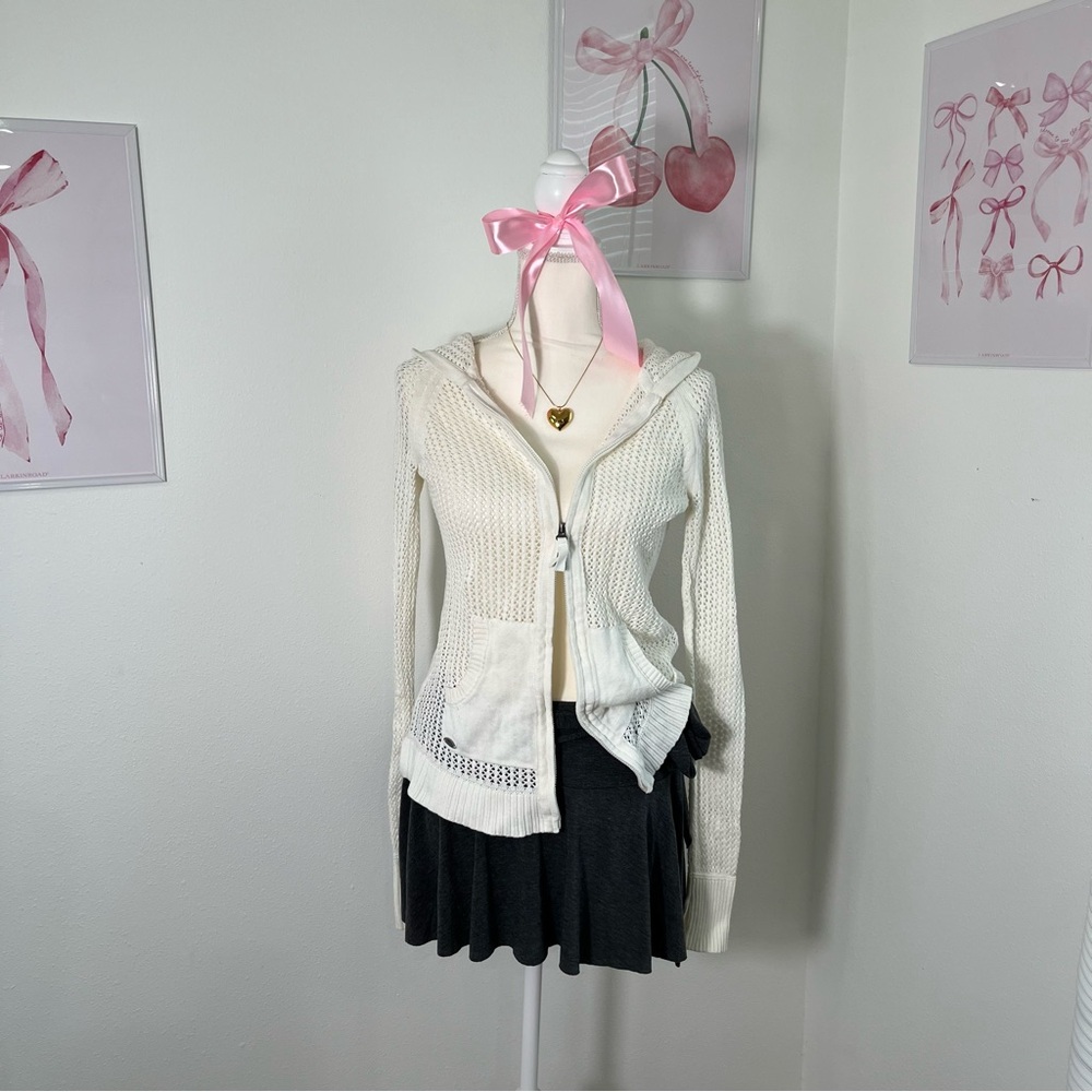 Vintage Y2K Athleta White Crochet Knit Double Zipper Hoodie Sweater Womens Small